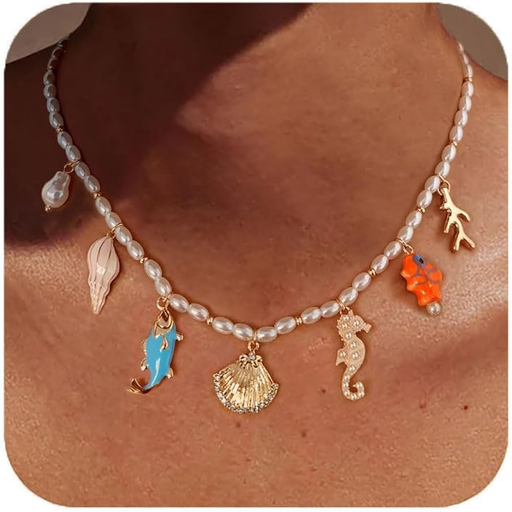 CLASSYZINT Gold Seashell Charms Necklace Simulated Pearl Cherry Ocean Charms Adjustable Necklace ... | Amazon (US)