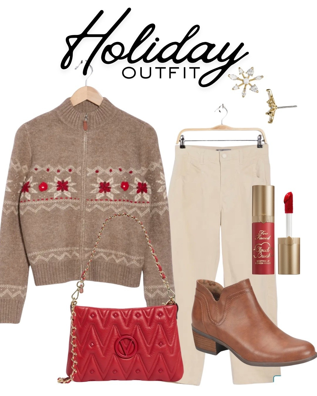 Holiday style doesn't have to break the bank! I scored this entire classy, comfy holiday outfit at Nordstrom Rack. It's the perfect mix of cozy and chic: a timeless sweater, trendy khaki wide-leg pants, and the most comfortable casual booties. Finished the look with a festive pop of color—a red handbag and matching red lipstick, plus adorable snowflake earrings! This look is perfect for any casual gathering.

Tap to shop the look before these Rack finds disappear! 

#LTKSeasonal #LTKSaleAlert #LTKHoliday
