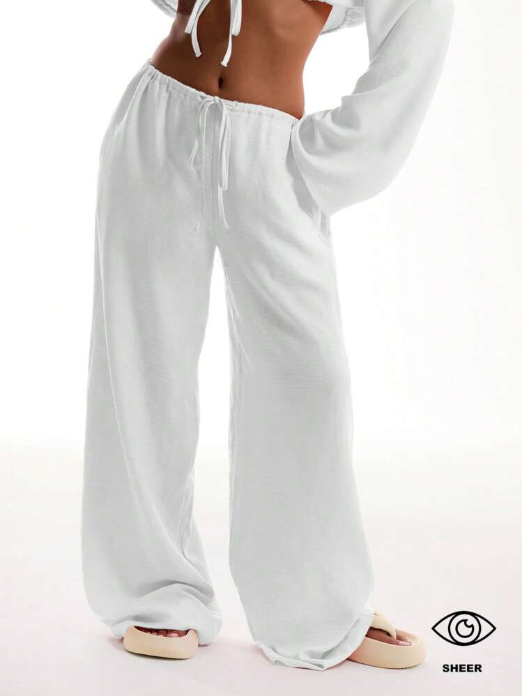 MUSERA Tie Front Linen Feel Beach Trousers Elegant Summer Vacation Sun Casual Boho White Airport Beach Pants Spring Holiday | SHEIN