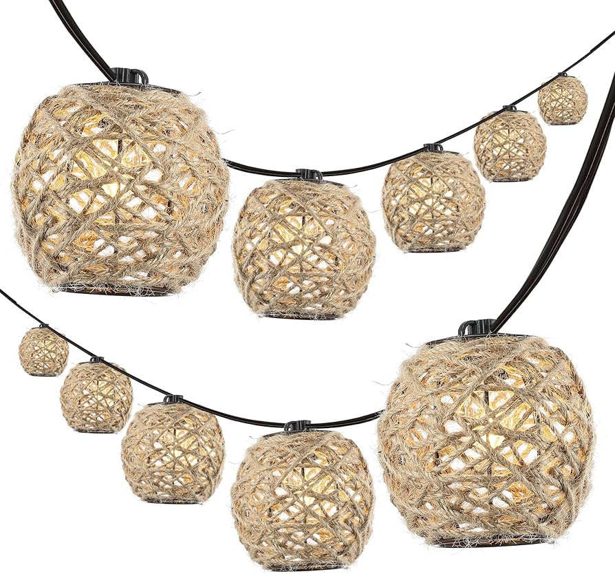 JONATHAN Y 10' 10-Light Rustic Coastal LED String Lights, Light Brown Hemp Rope Shaded Globe Ligh... | Amazon (US)
