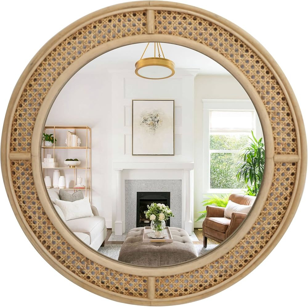 Round Rattan Wall Mirror with Wooden Framed, Modern Boho Decorative Mirror for Bathroom, Entry, L... | Amazon (US)