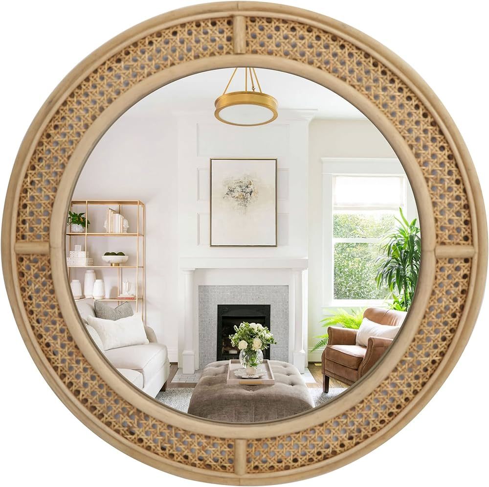Round Rattan Wall Mirror with Wooden Framed, Modern Boho Decorative Mirror for Bathroom, Entry, L... | Amazon (US)