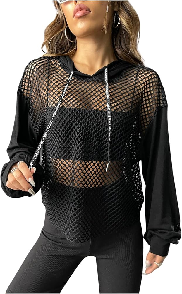 Verdusa Women's Sexy See Through Fishnet Long Sleeve Drawstring Hoodie Top Sweatshirt | Amazon (US)