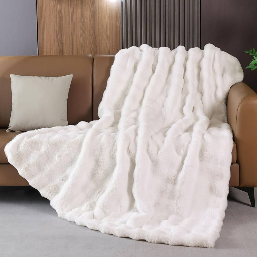 Faux Fluffy Fur Light Cream Beige Throw Blanket for Bedroom Couch Bed 50x60 Bunny Fuzzy Blanket f... | Amazon (US)