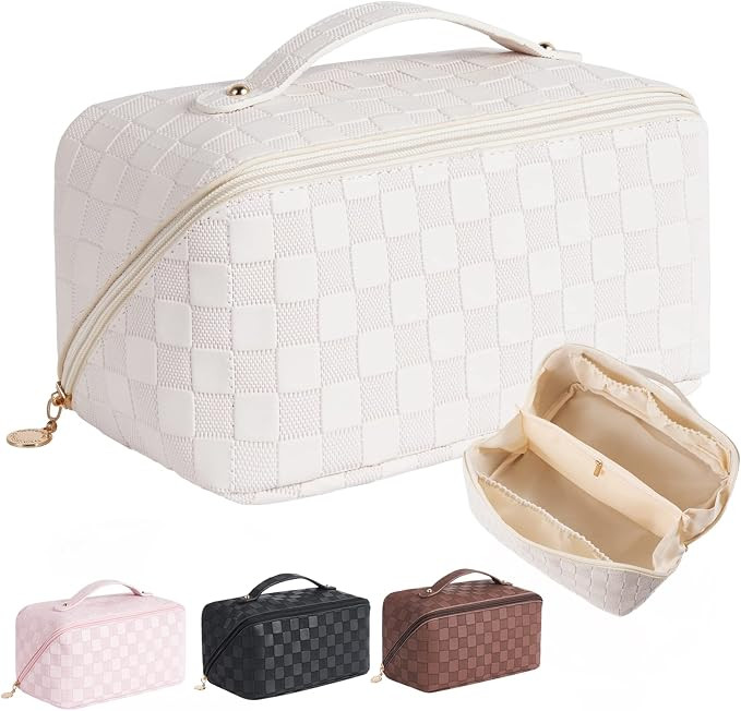 iRealy Travel Cosmetic Bag Makeup Organizer, Large Capacity Checkered PU Leather Makeup Bag Opens... | Amazon (CA)