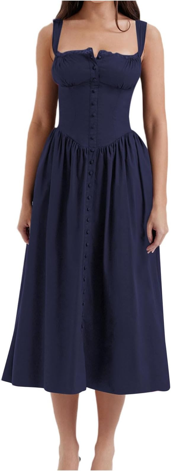 Women's Strapped Solid Color Dress Waist Cinching Button Embellished Dresses Mid Calf Length Ruch... | Amazon (US)