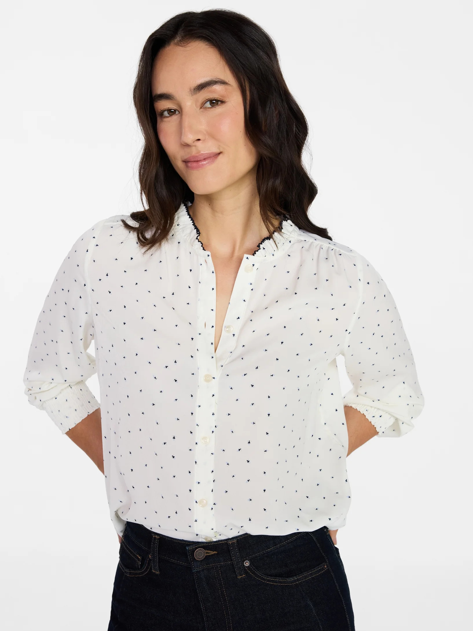 Time and Tru Women's Ruffle Button Down Blouse with Long Sleeves, Sizes XS-XXXL | Walmart (US)