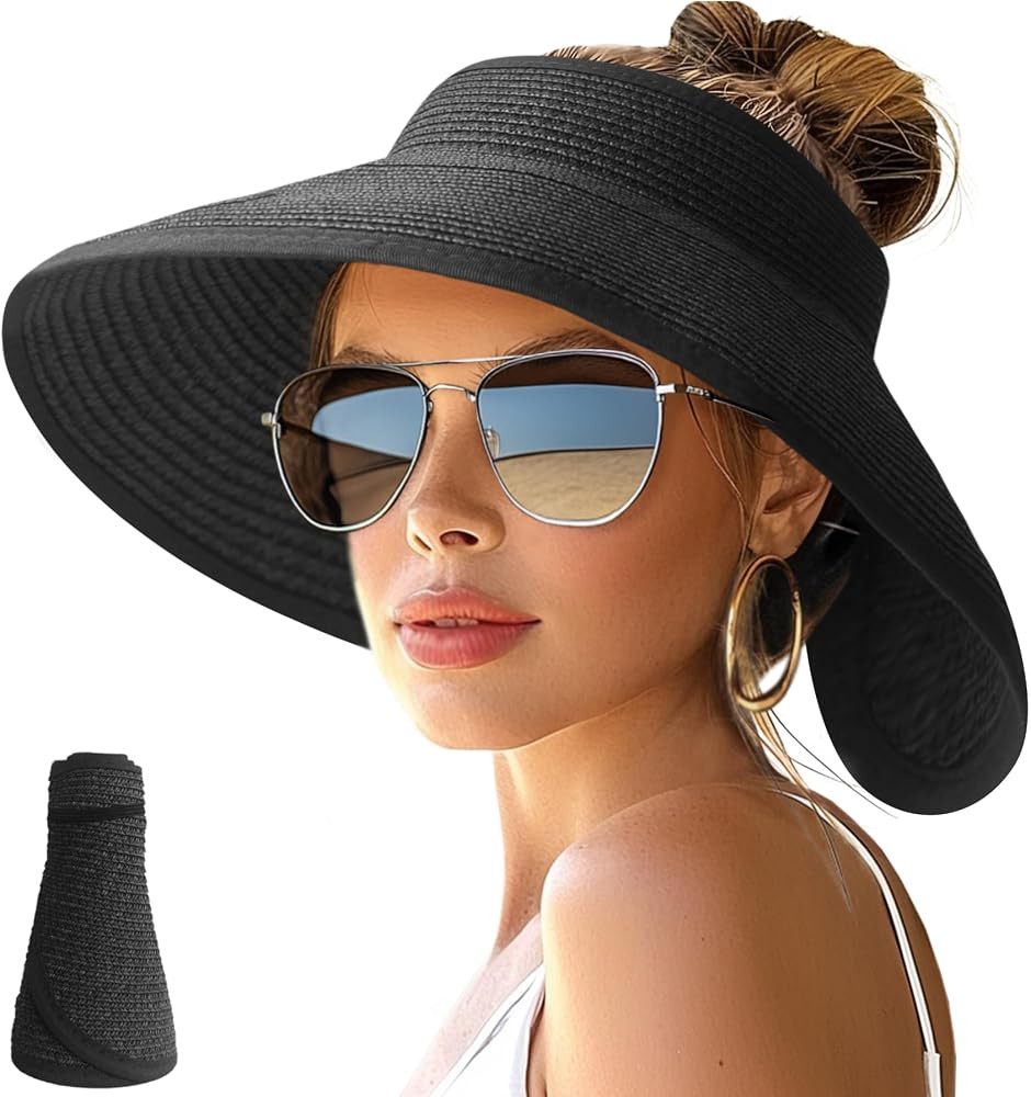NPJY Sun Hats for Women Wide Brim Roll-Up Ponytail Packable Straw Visor | Amazon (US)