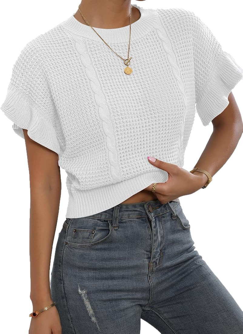 Verdusa Women's Ruffled Short Sleeve Round Neck Knitted Crop Top Pullovers Sweater | Amazon (US)