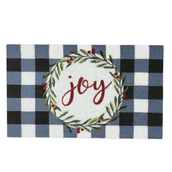 Farmhouse Living Holiday Joy Wreath with Plaid Coir Doormat - 18" x 30" - Elrene Home Fashions | Target