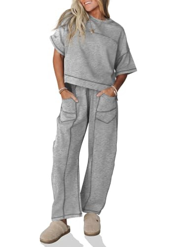 Fisoew Womens 2 Piece Outfits Lounge Sets Short Sleeve Tops and Wide Leg Pants Travel Vacation Ca... | Amazon (US)