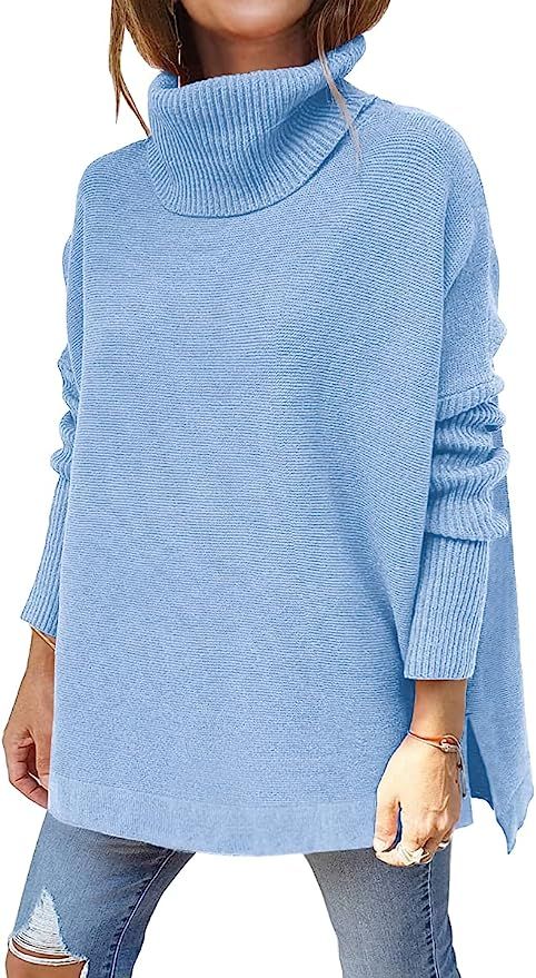 LILLUSORY Women's Turtleneck Oversized Sweaters 2021 Fall Long Batwing Sleeve Spilt Hem Tunic Pul... | Amazon (US)