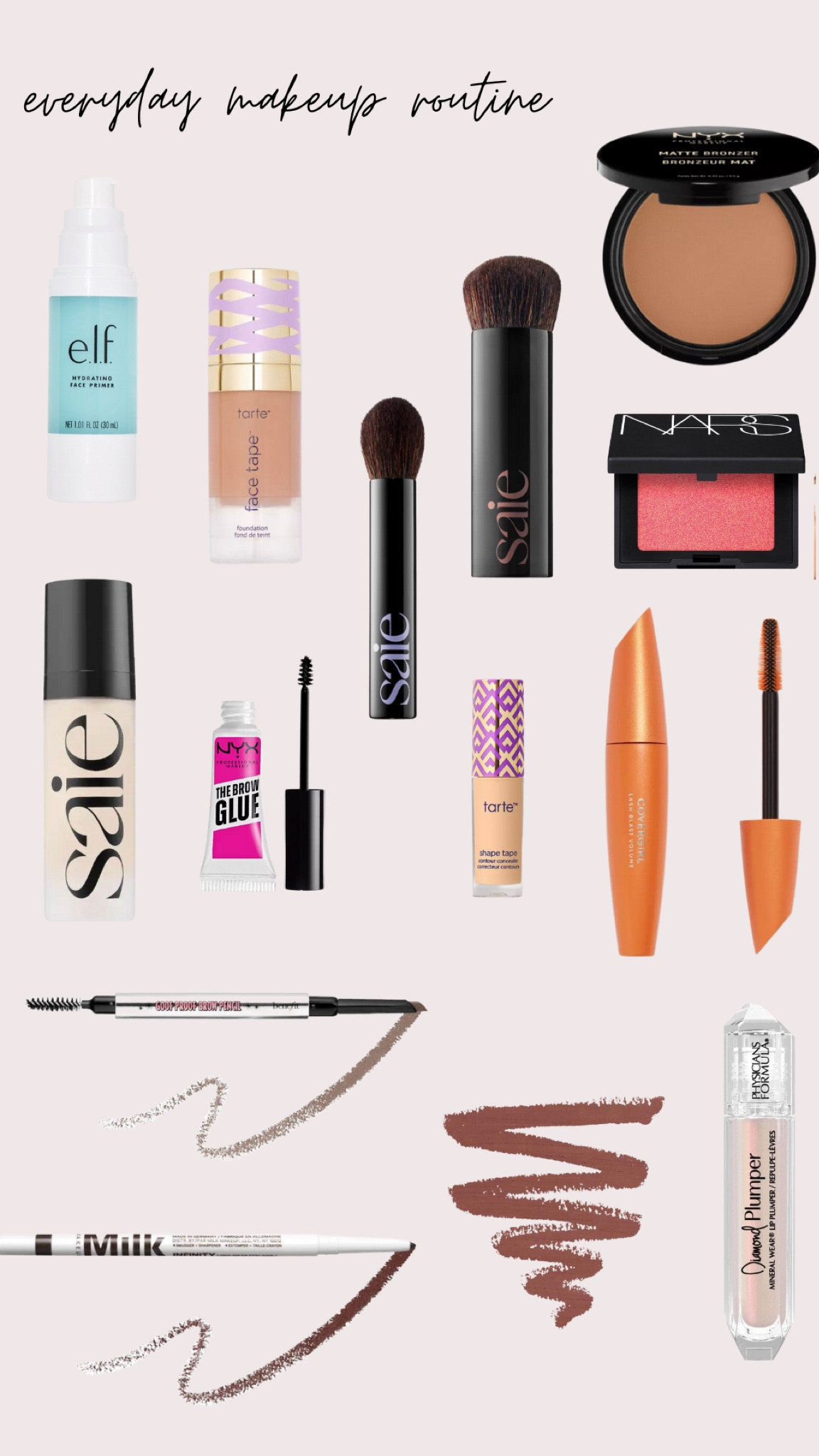 elf hydrating face primer tarts shape tape foundation concealer nyx bronzer Saie glow highlighter nars orgasm x blush travel size trial Saie makeup brush brow pencil powder glue soap mauve lip liner physicians formula plumping lip gloss

#LTKFind #LTKbeauty #LTKU