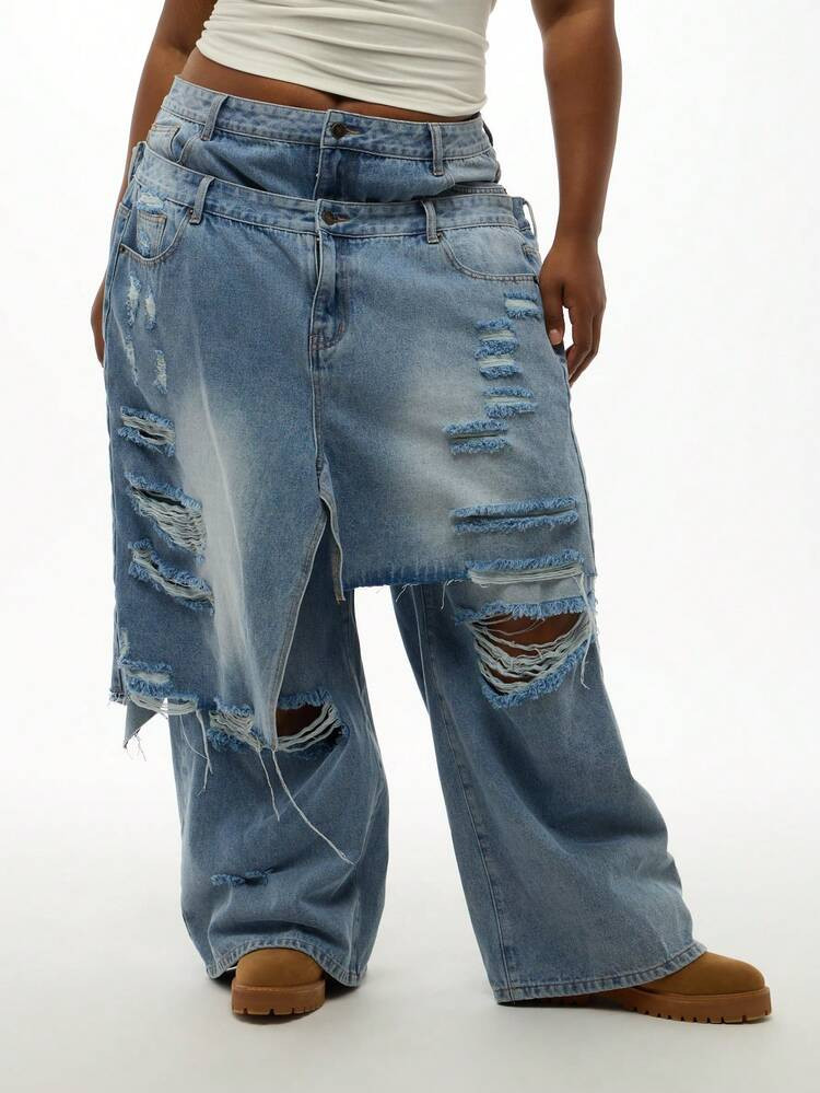 SUMWON WOMEN Plus Size Double Waist Baggy Wide Leg Jeans Overlay Extreme Distressed Ripped Denim Street Style Fashion Fall Winter Y2K Trending | SHEIN