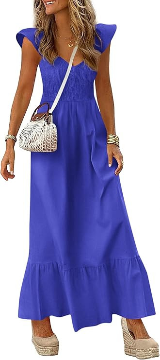 PRETTYGARDEN Women's 2026 Summer Casual Maxi Dresses Cap Sleeve V Neck Smocked Long Pockets Party... | Amazon (US)