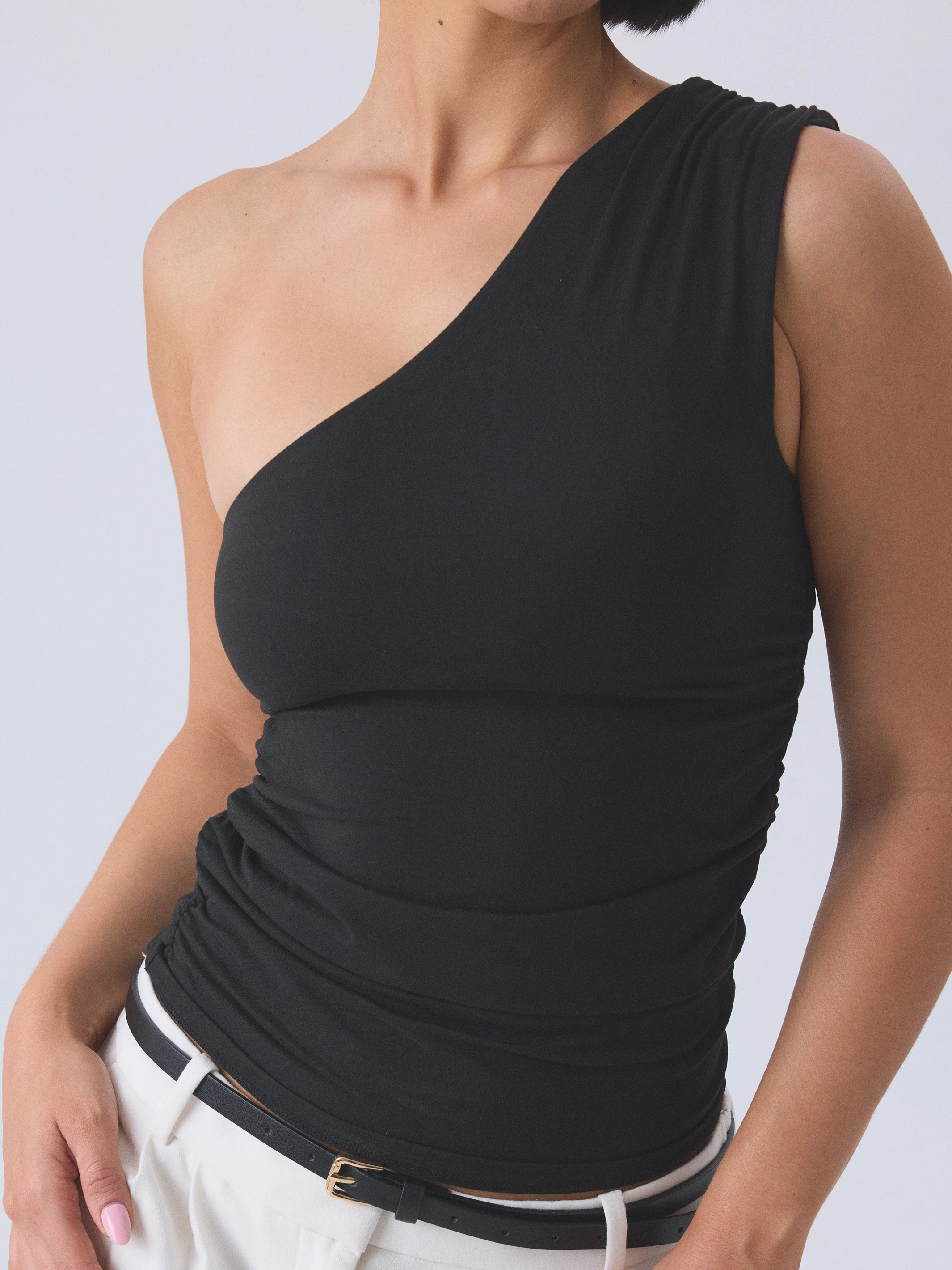 Solid Ruched One Shoulder | Klassy