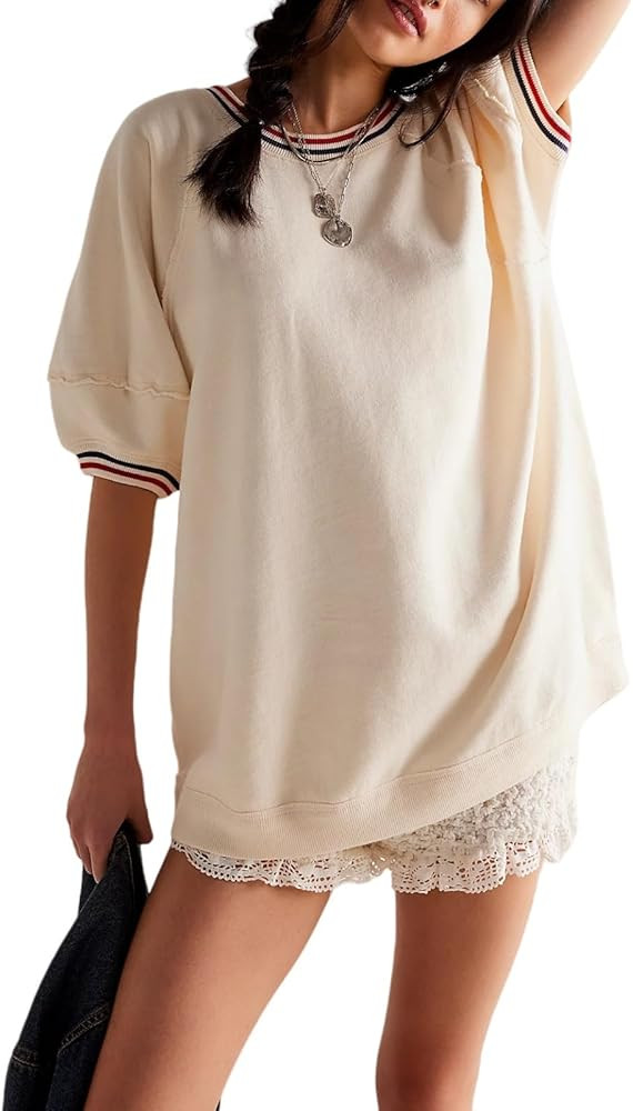 Loafawes Womens Oversized Tees Loose T Shirts Puff Sleeve Crew Neck Color Block Cotton Summer Tun... | Amazon (US)