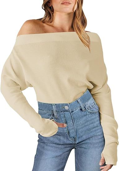 ANRABESS Womens Casual Off The Shoulder Long Batwing Sleeve Waffle Knit Shirt Pullover Sweater Tu... | Amazon (US)