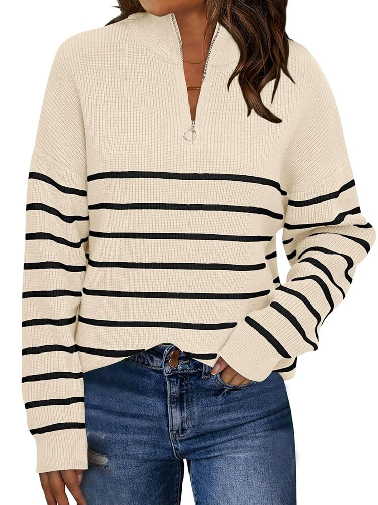 LILLUSORY Women's Quarter Zip Striped Oversized Sweater 2025 Mock Turtleneck Fall Fashion Outfit | Amazon (US)