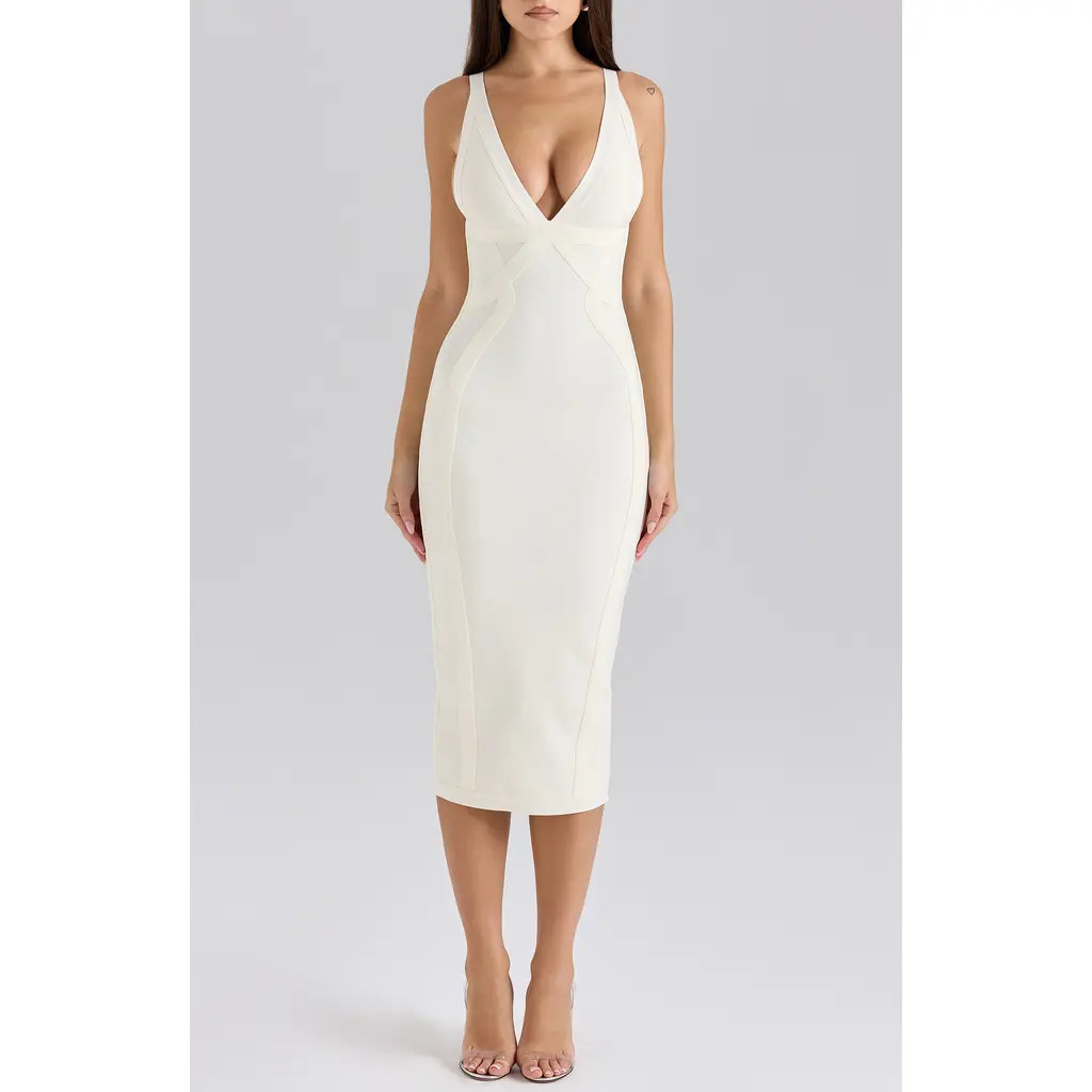 HOUSE OF CB The Classic Midi Bandage Dress in Vanilla at Nordstrom, Size Large | Nordstrom