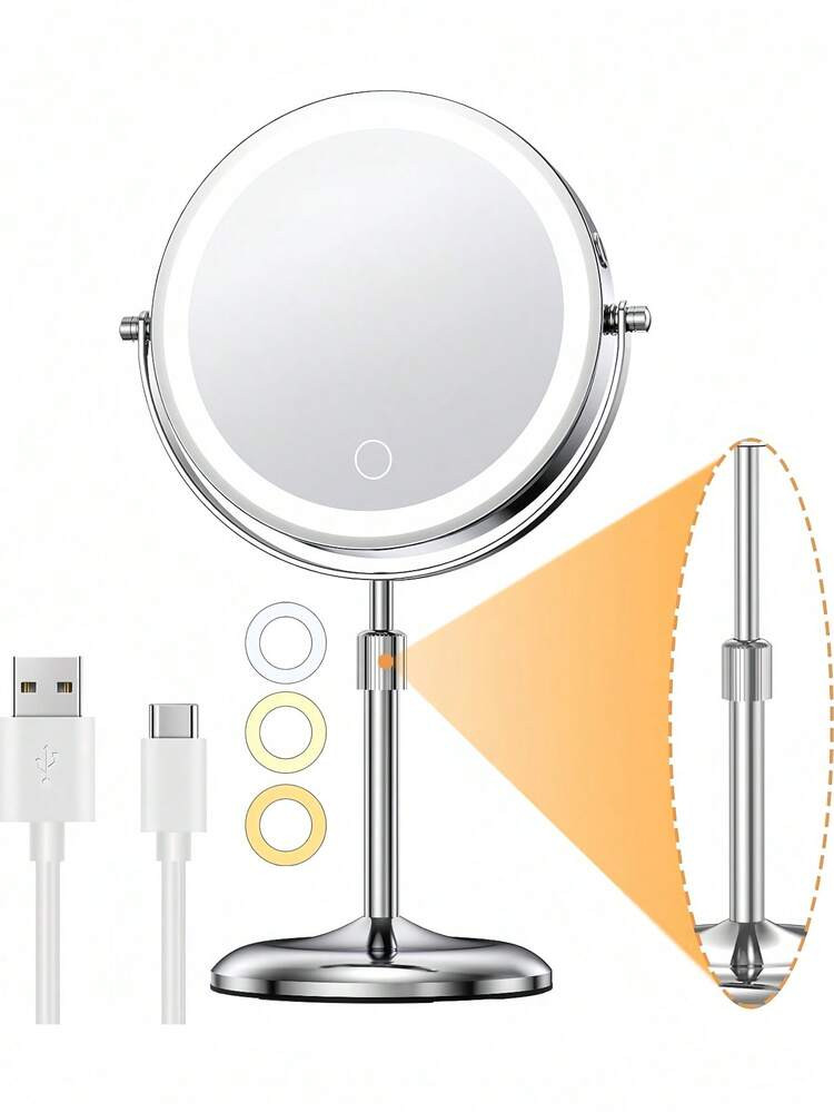 7" Lighted Makeup Mirror With Magnification 10X/1X, Height Adjustable & 3 Color Dimmable Vanity Lights, 360° Swivel Double Sided Light Up Rechargeable LED Cosmetic Vanity Cordless Standing Mirror Decor Gift,Cheap,Valentine's Day,Cheap Items,Travel,Travel Essential,Room Decor,Valentine's Gift,Cheap Stuff,Room,1 Dollar Items,Vacation Essentials,Gifts For Women,Bedroom,Valentine,99 Cent | SHEIN