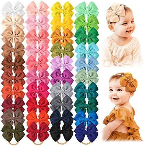 40 PCS Big Bows Baby Nylon Headbands Hairbands Hair Bows Elastics for Baby Girls Newborn Infant T... | Amazon (US)