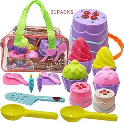 HaoMark Beach Sand Toys Party Cake Ice Cream Sandbox Mold Set 21 Pieces for Kids Toddlers Girls B... | Amazon (US)