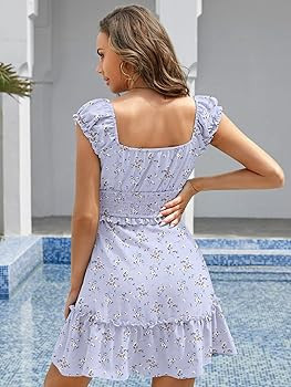 YOBECHO Womens Summer Ruffle Sleeve Sweetheart Neckline Printing Dress Mini Dresses | Amazon (US)