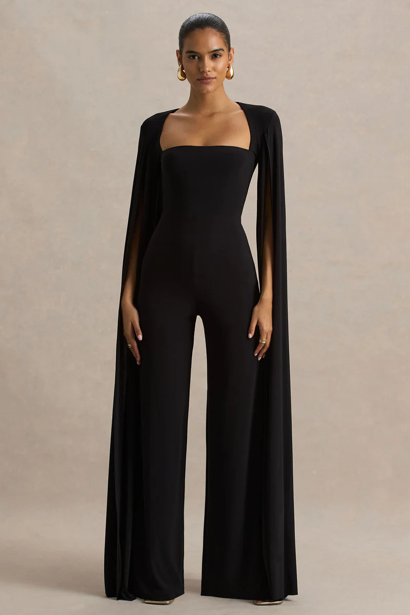 Zara  Black Square-Neck Jumpsuit With Cape Sleeves | Club L London