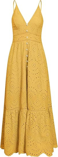 BerryGo Women's Embroidery Pearl Button Down Dress V Neck Spaghetti Strap Maxi Dress | Amazon (US)