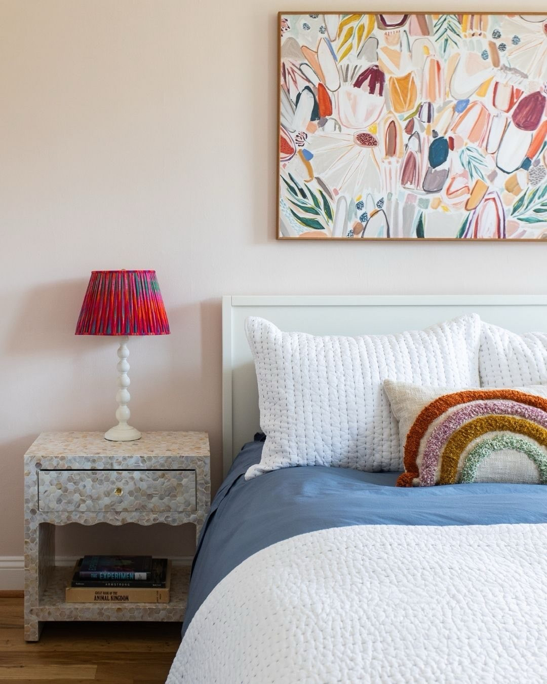 When we asked what color she wanted her room to be, the answer was simple: rainbow. 🌈

So we ran with it, just in a way that could grow with her. Color shows up everywhere from the rug and lampshade to the artwork and, of course, in the rainbow pillow.

Playful enough for right now, but not a room she’ll outgrow anytime soon. 💕