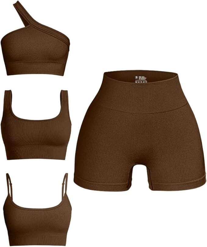 OQQ Women's 4 Piece Outfits Ribbed Seamless Exercise Scoop Neck Sports Bra One Shoulder Tops High... | Amazon (US)