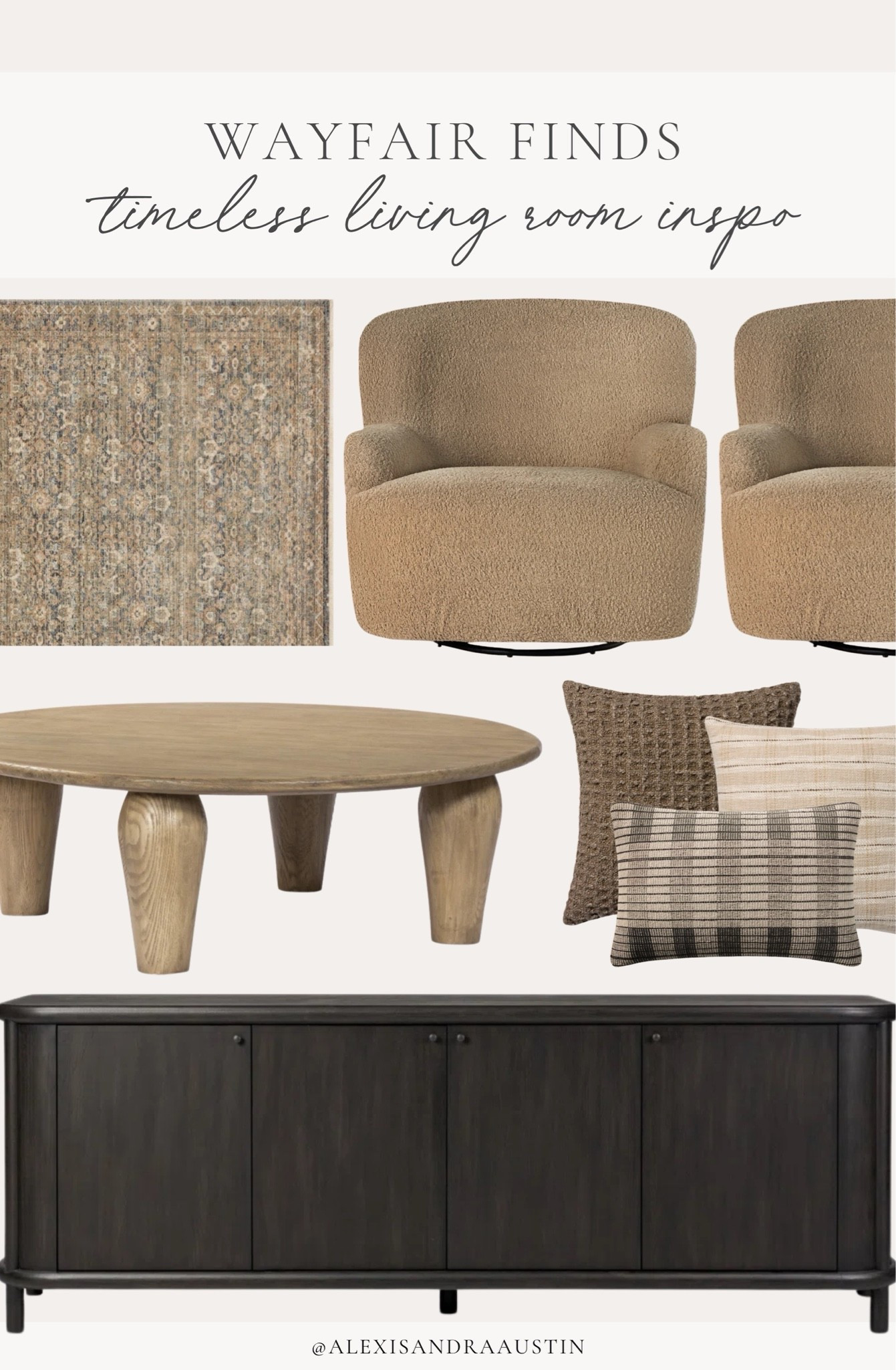 Rounding up all of my favorite @wayfair finds and sharing all of the best quality finds. From my vintage inspired area rug to my most loved upholstered swivel chairs, find all of the best investment pieces for your home this season. 

#AD #Wayfair #Wayfairpartner

Home finds, neutral home inspo, summer refresh, furniture favorites, neutral wood tones, living room refresh, round coffee table, vintage inspired area rug, cozy throw pillow, moody sideboard, upholstered swivel chair, Wayfair, shop the look!

#LTKSeasonal #LTKHome