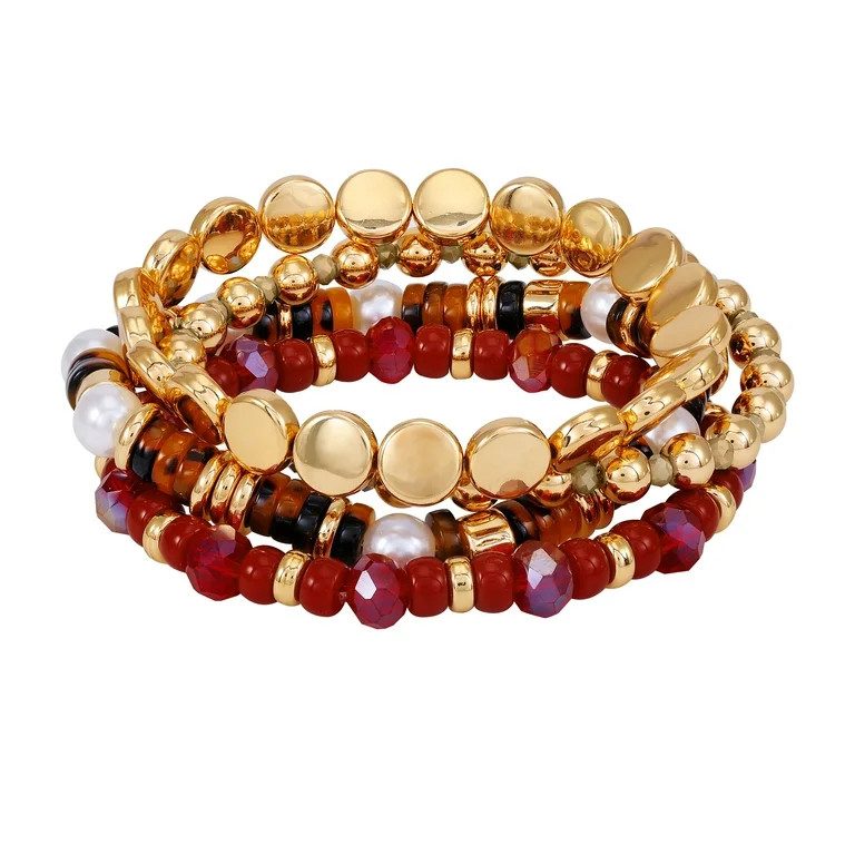 Time and Tru Women's 4PC 7.5" Gold Tone Beaded Bracelet Set with Tonal Brown Beads - Walmart.com | Walmart (US)