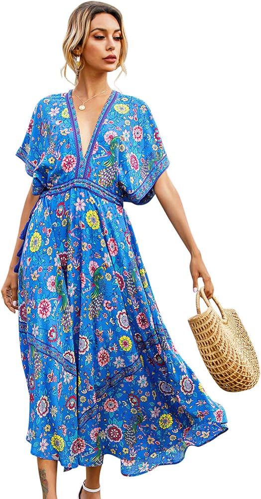 R.Vivimos Women Summer Print Deep V Neck Cotton Beach Long Dresses (Small, Blue) at Amazon Women... | Amazon (US)