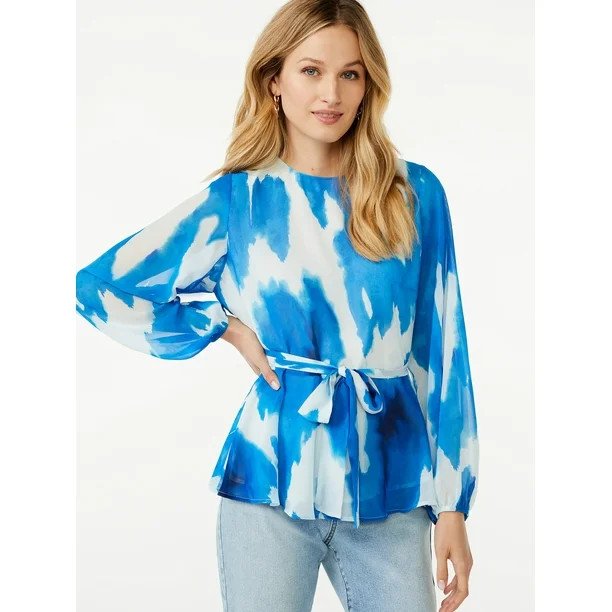 Scoop Women's Long Sleeve Crew Neck Blouse with Tie at Waist | Walmart (US)