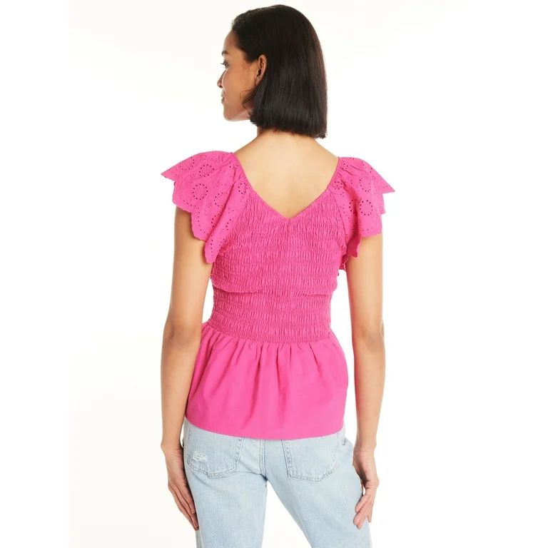 Time and Tru Women's Smocked Bodice V-Neck Eyelet Top, XS-3XL | Walmart (US)