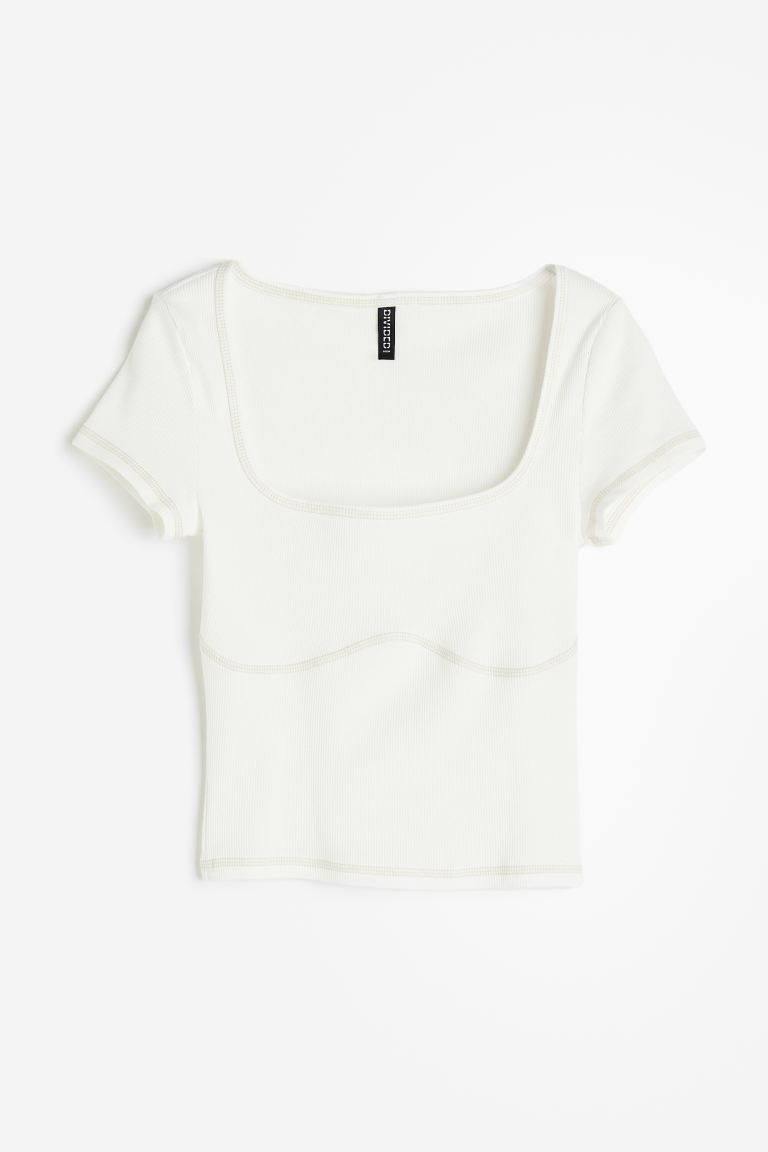 Flatlock-seam ribbed top - Low-cut Neckline - Short sleeve - Cream - Ladies | H&M US | H&M (US + CA)