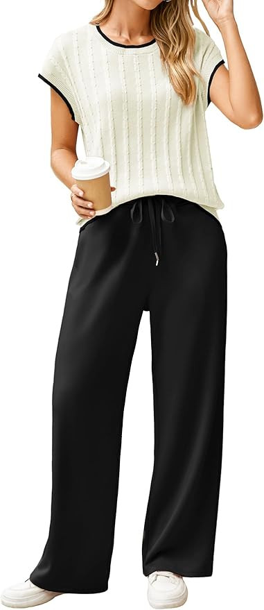 Glamaker Womens Lounge Two Piece Outfits Summer Knit Casual Travel Crew Neck Sets Cap Sleeve Tops... | Amazon (US)