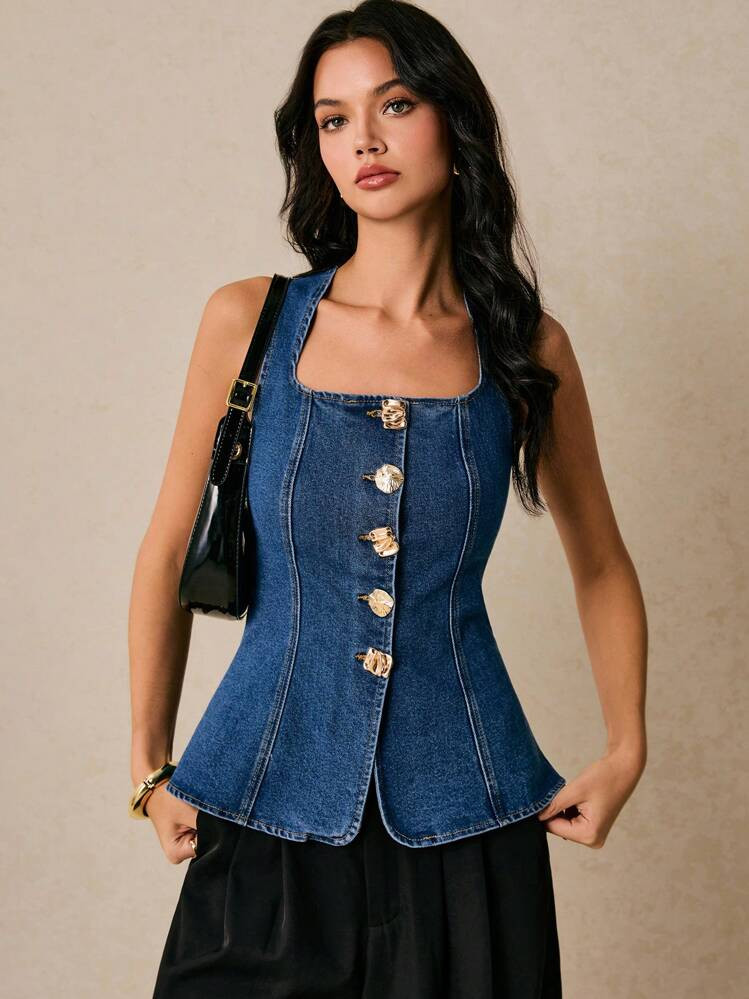 Po\u00e9selle Women Metal Button Decoration Denim Tops, Summer Fashion Women Denim Top Western To... | SHEIN