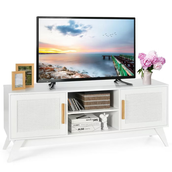 Costway TV Stand Entertainment Media Console w/ 2 Rattan Cabinets & Open Shelves | Target