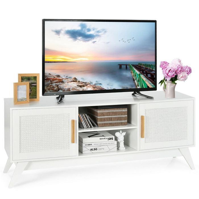 Costway TV Stand Entertainment Media Console w/ 2 Rattan Cabinets & Open Shelves | Target