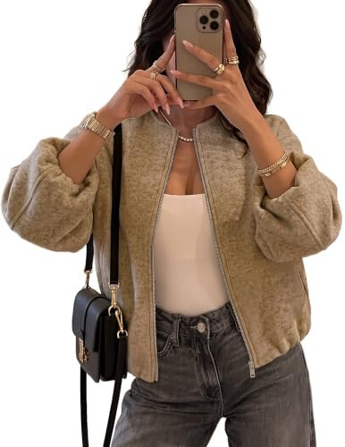 Dokotoo Fall Beige Bomber Jackets for Women Trendy 2026 Long Sleeve Coats L | Amazon (US)