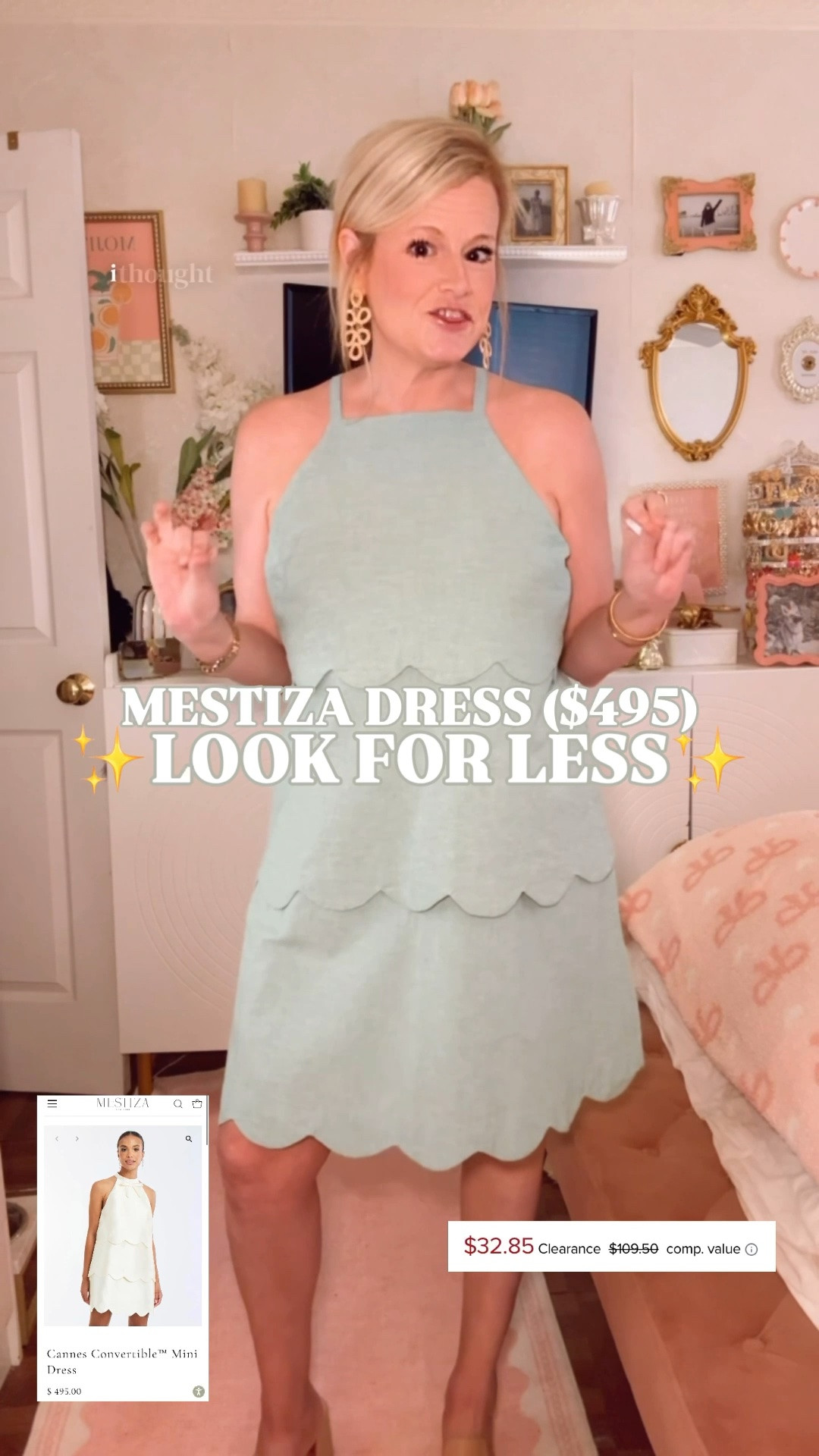 Mestiza Cannes dress look for less | scallop mini dress | Belk dress | summer wedding guest dress | designer look for less

The $495 Mestiza Cannes Convertible Mini Dress look is now $32 at Belk, and this is such a strong designer look for less.

The scalloped tier silhouette, halter neckline, sleeveless shape, lined construction, mini length, and linen cotton blend give it that feminine, polished, garden party dress feel that makes the Mestiza version so good. This one delivers the same scallop dress energy for a fraction of the price.

I’m in the sage green. Also available in cream and white. I’m in a medium, and it runs true to size.

This is the kind of dress that looks much more expensive than the sale price and works for summer wedding guest outfits, bridal showers, baby showers, graduation parties, garden parties, country club lunches, resort dinners, vacation outfits, brunch, church, date nights, and summer events. 

Style it with gold sandals, pearl earrings, raffia wedges, a woven clutch, white heels, flat sandals, or a cardigan for an easy summer outfit.

If you love Mestiza dresses, scallop dresses, halter mini dresses, linen cotton dresses, sage green dresses, Belk fashion finds, summer event dresses, wedding guest dresses, bridal shower dresses, baby shower dresses, and designer looks for less, this $32 sale find is one I would grab. 

Mestiza Cannes dress look for less, Mestiza look for less, Mestiza dupe, scallop dress women, scallop mini dress, tiered scallop dress, halter dress women, linen dress women, cotton linen dress, summer dress women, summer wedding guest dress, wedding guest dress, bridal shower dress, baby shower dress, garden party dress, country club dress, sage green dress, cream dress, white dress, Belk dress, Belk fashion finds, designer look for less

#LTKFindsUnder50 #LTKFindsUnder100 #PreppyStyle #LookForLess #WeddingGuestDress #SummerDress #SummerDresses

#LTKPetite #LTKSaleAlert #LTKWedding