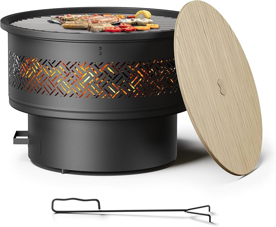 26 inch Fire Pit with Grill & Lid, Firepits for Outside Wood Burning Fire Pit Table with Fire Pok... | Amazon (US)