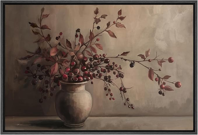 SIGNFORD Framed Canvas Print Wall Art Rustic Berries in Vase Traditional Still Life with Warm Ton... | Amazon (US)