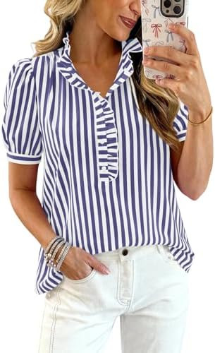 Puff Sleeve Tops for Women Gingham Top Summer Short Sleeve Striped Plaid Ruffle V Neck Button Dow... | Amazon (CA)