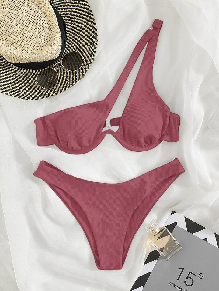 Rib Underwire One Shoulder Bikini Swimsuit | SHEIN