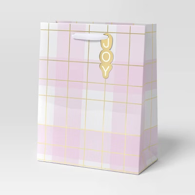 Plaid Large Cub Christmas Gift Bag Pink/White - Wondershop™: Abstract Pattern, 12.75" x 10" x 5... | Target