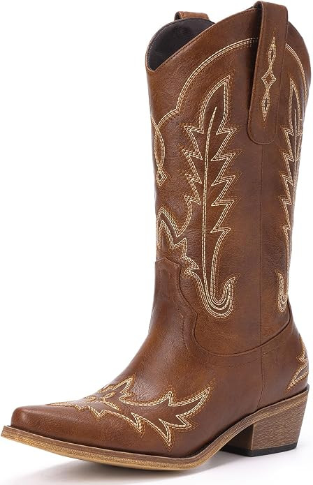 Cowboy Boots for Women - Cowgirl Boots with Embroidery, Chunky Heel Pointed Toe Pull-on Vintage W... | Amazon (US)